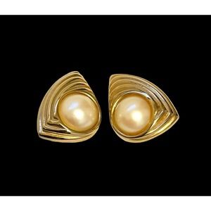 Vintage GIVENCHY Faux Pearl Gold Tone Runway Clip on Earrings